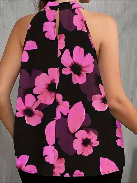 🆕 Women’s Plus Size Black Halter Floral Tank Top with Pink Blooms - Picture 2 of 4